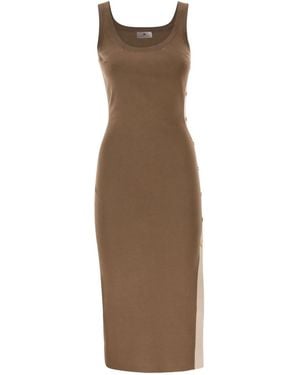 Elisabetta Franchi Sleeveless Knit Midi Dress With Shiny Viscose Bands - Brown