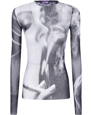 Jean Paul Gaultier Printed Smoking Mesh Long Sleeves Top - Blue
