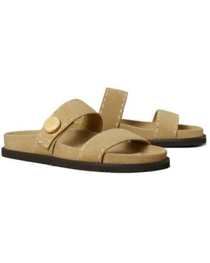 Tory Burch Button Strap Slide Sandals - Metallic