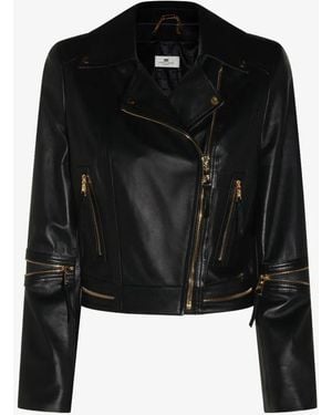 Elisabetta Franchi Cropped Leather Jacket With Asymmetrical Closure And-Tone Hardware - Black