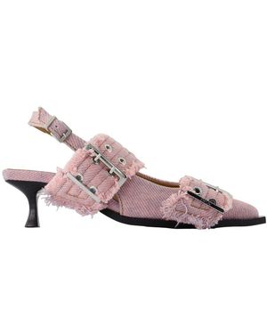 Ganni Feminine Buckle Kitten Fringed Court Shoes - Pink