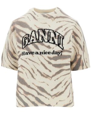 Ganni Knitted Top With Zebra-Striped Motif - Natural