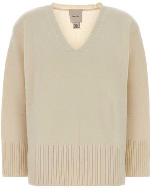 Calvin Klein Lux Wool Vneck Sweater - Natural