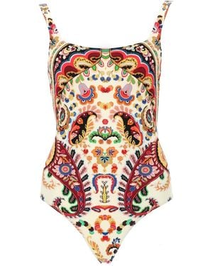 Etro Natural Swimsuit With Multicoloured Flowers - White