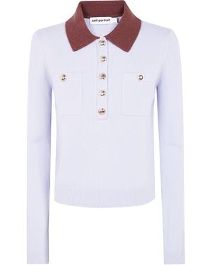 Self-Portrait Contrast Collar Knit Top - White