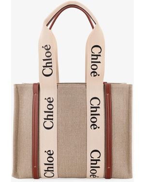 Chloé Woody Linen Shoulder Bag With Logo Lettering On The Front - Natural
