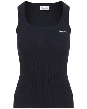 Miu Miu Logo-Embroidered Ribbed-Knit Top - Blue