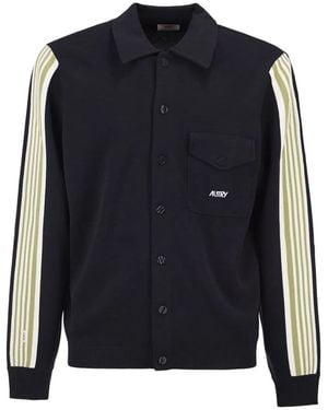 Autry Knitted Jacket With Buttons And Side Stripes - Blue