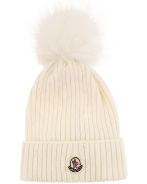 Moncler Virgin Wool Knitted Beanie With Faux Fur Pompom - Natural