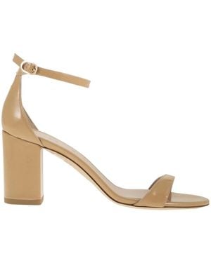 Stuart Weitzman Shiny Leather Sandals With Block Heel - Natural