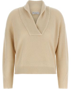 Brunello Cucinelli Shawl Neck Ribbed Sweater - Natural