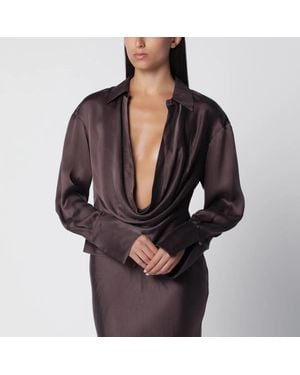 ANDAMANE Deep Neckline Rouge Noir Satin Shirt - Red
