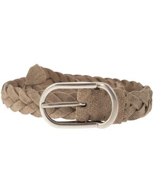 Brunello Cucinelli Woven Suede Belt With Rounded Buckle And Metal Loop - Natural