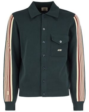 Autry Knitted Jacket With Buttons And Side Stripes - Green