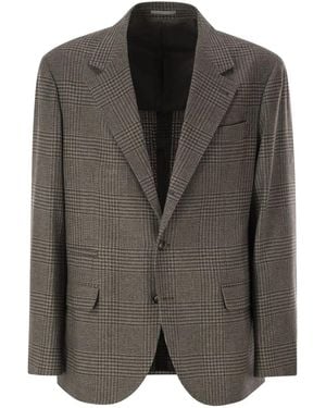 Brunello Cucinelli Prince Of Wales Wool And Cashmere Blazer With Tailored Construction - Black