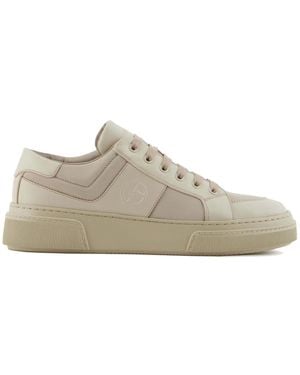 Giorgio Armani Nude Leather And Fabric Sneakers - Brown