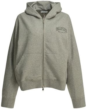 Ganni Sweatshirt With Zipper And Logo - Grey