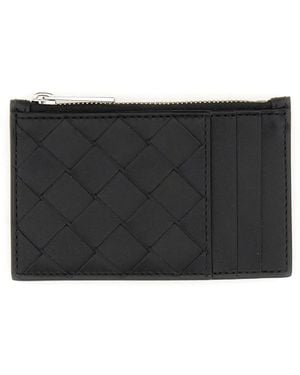 Bottega Veneta Woven Card Holder With Zipper - Black