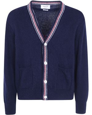 Thom Browne "Hector" Patchwork Jersey Intarsia V Neck Cardigan - Blue