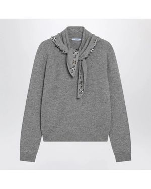 Prada Cashmere Sweater With Jeweled Scarf - Gray