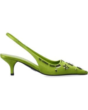 Prada Embroidered Satin Slingback Pumps - Green