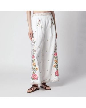 FARM Rio Linenblend Trousers With Floral Embroidery - White