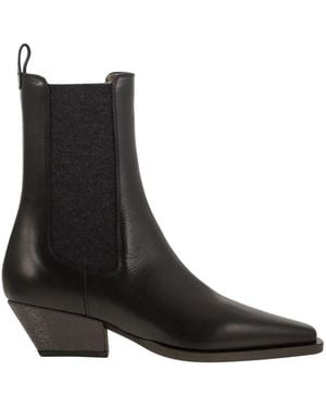 Brunello Cucinelli Classic Leather Chelsea Boot With Precious Block Heels - Black