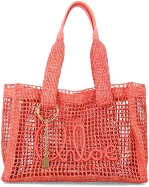 Chloé East-West Summer Banana Raffia Tote Bag - Red