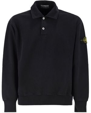 Stone Island Cotton Sweatshirt With Polo Collar - Blue