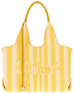 Chloé 37Cm Striped Embroidered Canvas Shopping Handbag - Yellow
