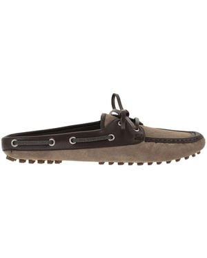 Brunello Cucinelli Suede Sabot Loafers With Jewelry - Brown