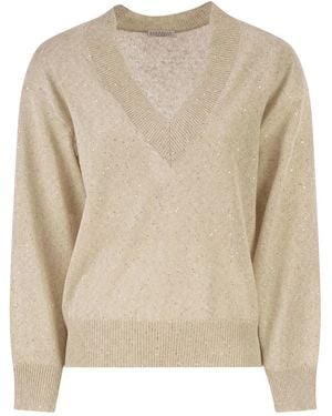 Brunello Cucinelli V-Neck Linen And Cotton Jumper With Sequins And Long Sleeves - Natural