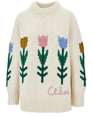 Chloé Flowers Intarsia Oversized Wool Jumper - White