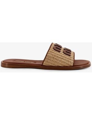 Miu Miu Raffia And Leather Sandals With Logo Lettering - Brown