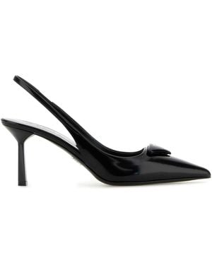 Prada Brand-plaque Slingback Heeled Brushed-leather Court Shoes - Black