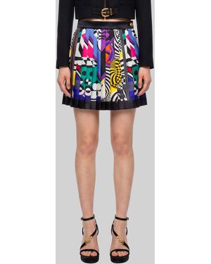 Versace Printed Silk Twill Pleated Miniskirt - Blue