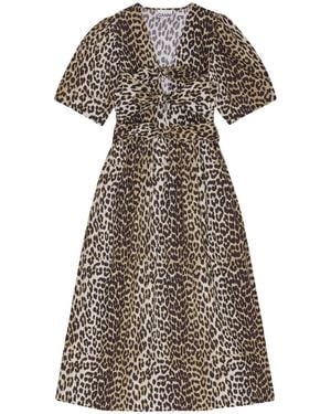 Ganni Leopard Printed Cotton Dress - Brown