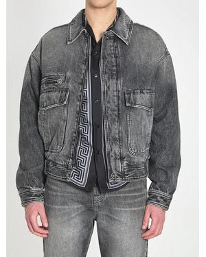 Versace Stone-Wash Denim Bomber Jacket - Gray