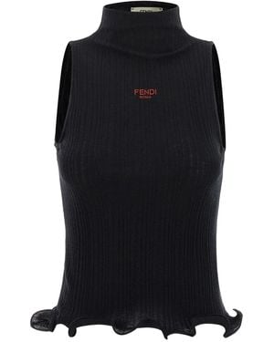 Fendi High Neck Fitted Sleeveless Top With Ruffles - Black