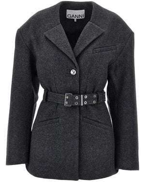 Ganni Wool-Blend Jacket With Belt - Black
