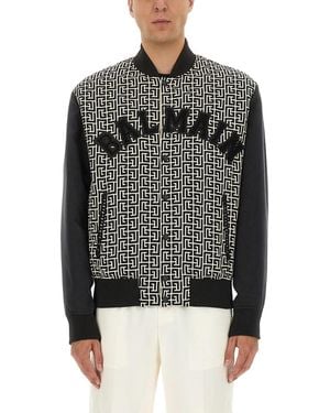 Balmain Monogrammed Varsity Jacket With Patches - Black