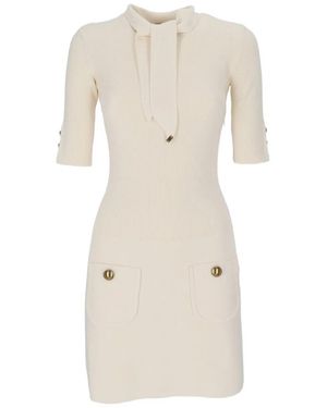 Elisabetta Franchi Knitted Mini Dress Featuring Shiny Logo Jewel Buttons And A Removable Scarf - Natural