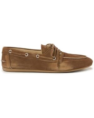 Miu Miu Cinnamon Faded Suede Boat Loafers Featuring An Embossed Tongue Logo And Rubber Soles - Brown