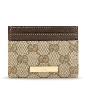 Gucci Gg Monogram Card Holder With Logo Plaque - Natural