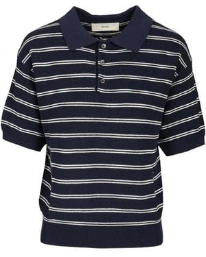 DUNST Cotton Blend Striped Polo Shirt - Blue
