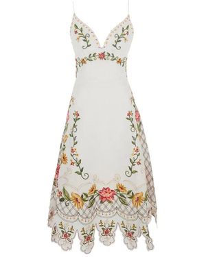 FARM Rio "Flower Embroidery" Sleeveless Midi Dress - White