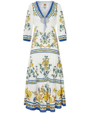 FARM Rio Floral Print Midi Dress With V-Neck Drawstring And Wide Three-Quarter Sleeves - White