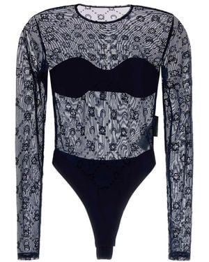 Marine Serre Moonogram Mesh Flock Ls Bodysuit Top - Blue