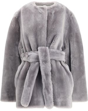 TOTEME Shearling Belted Coat Fur Jacket - Grey