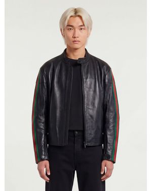 Gucci Leather Biker Jacket With Web Detail - Gray